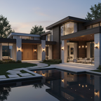Modern house with a pool at dusk