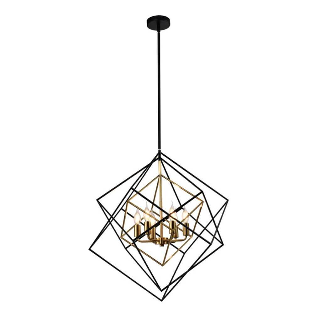 Modern geometric cube pendant light fixture with black outer frame and gold inner accent.