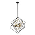 Modern geometric cube pendant light fixture with black outer frame and gold inner accent.