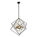 Modern geometric cube pendant light fixture with black outer frame and gold inner accent.