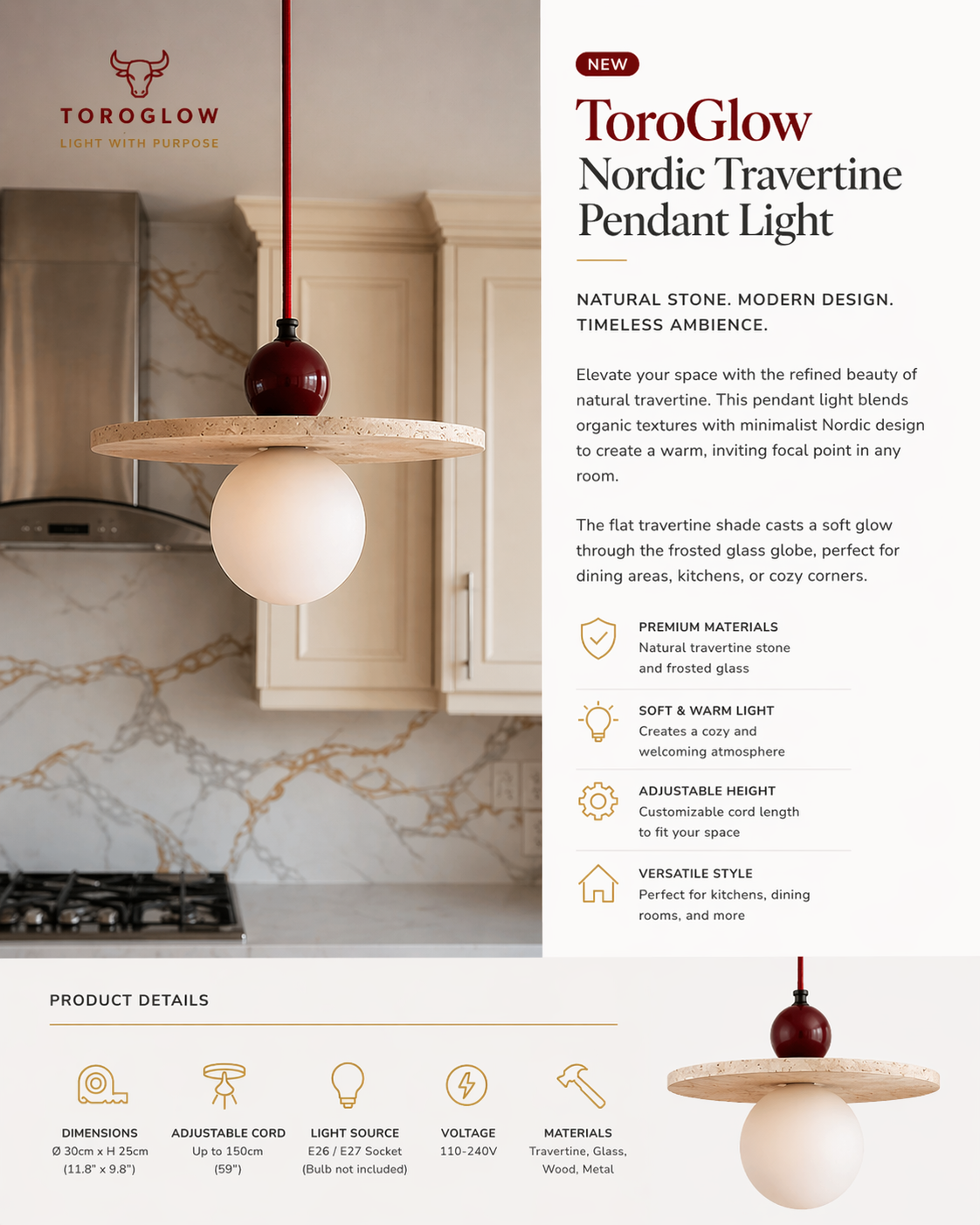 ToroGlow Nordic Travertine Pendant Light