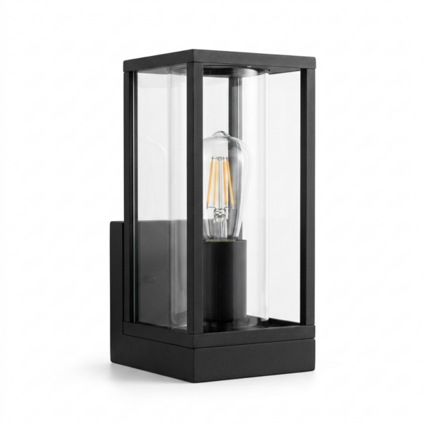 Black outdoor wall light fixture with clear glass cover on a white background