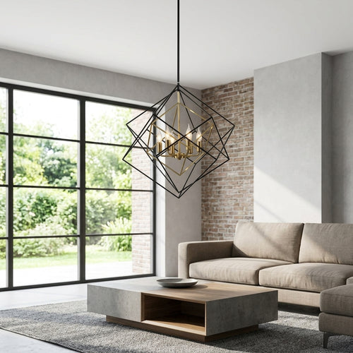 Modern geometric cube pendant light fixture with black outer frame and gold inner accent.