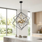 Modern geometric cube pendant light fixture with black outer frame and gold inner accent.