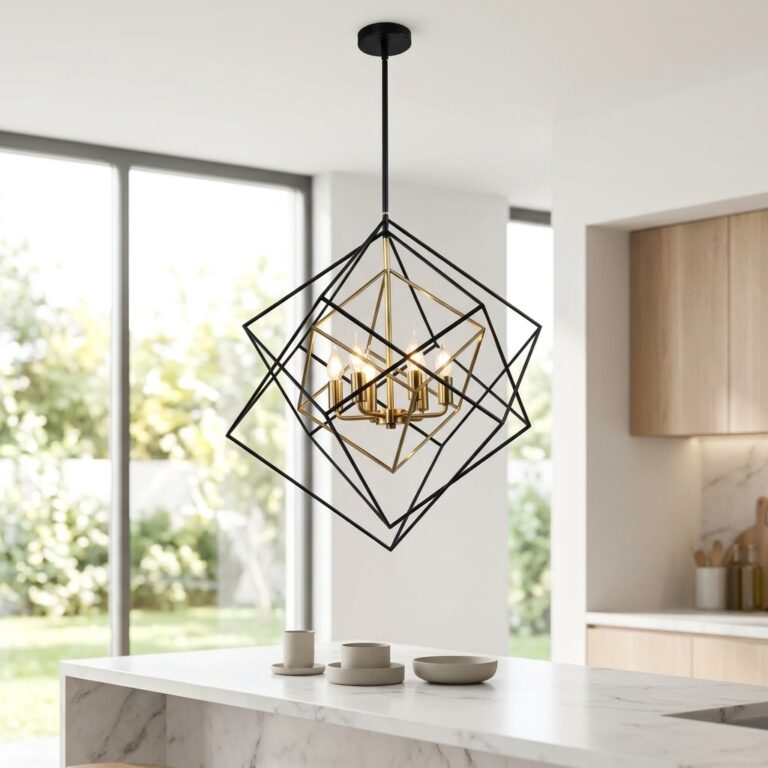 Modern geometric cube pendant light fixture with black outer frame and gold inner accent.