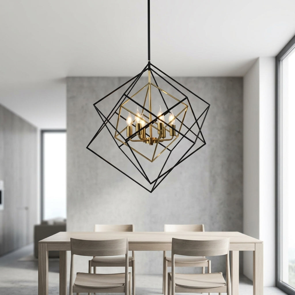 Modern geometric cube pendant light fixture with black outer frame and gold inner accent.