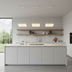 Modern kitchen with white cabinets, marble countertop, and wooden shelves.