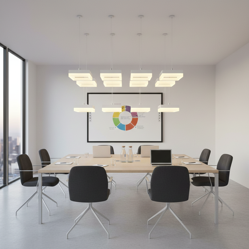 Modern conference room with a large table, chairs, and a colorful chart on the wall.