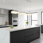 Modern kitchen with black cabinets, white countertops, and stainless steel appliances.