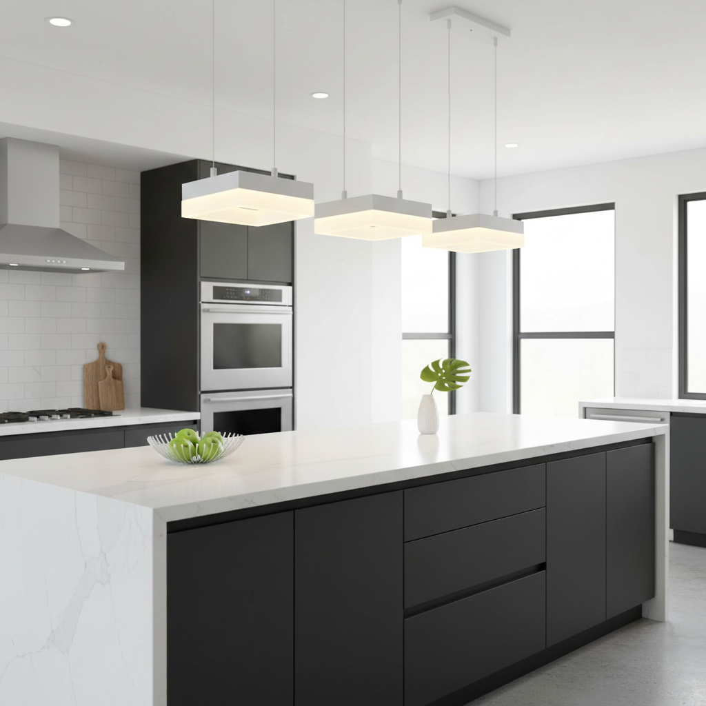 Modern kitchen with black cabinets, white countertops, and stainless steel appliances.