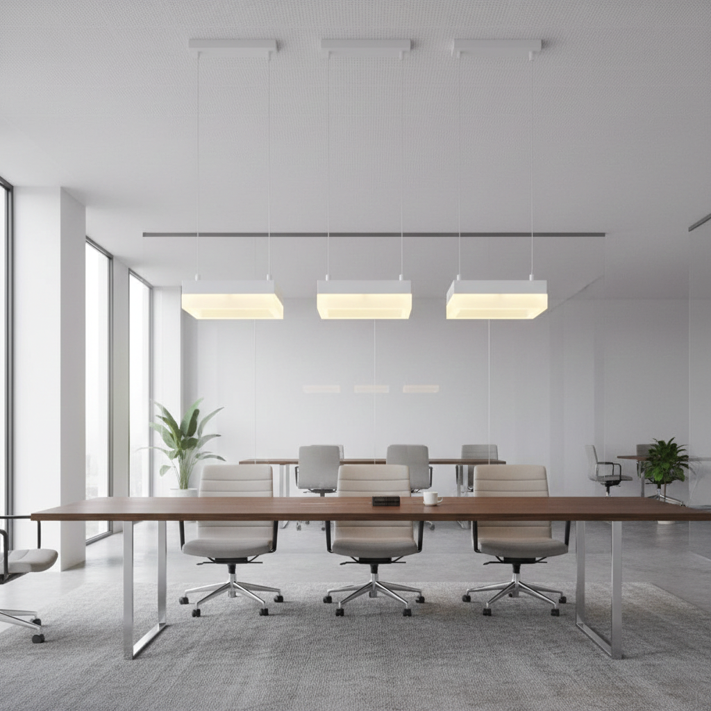 Modern conference room with wooden table and chairs in a bright office setting