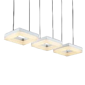 Three square pendant lights hanging against a black background
