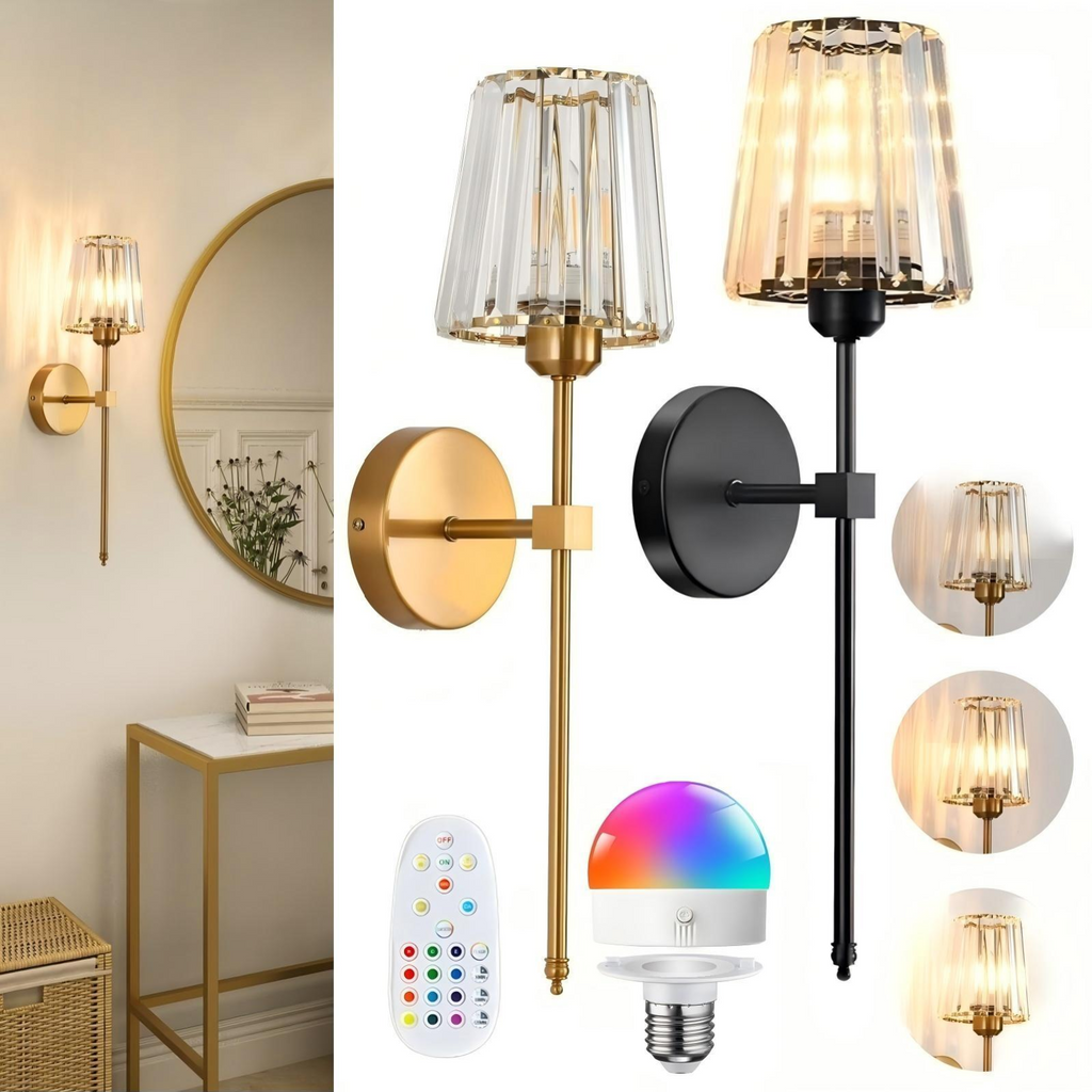 Decorative wall sconces with a smart light bulb and remote control on a white background.