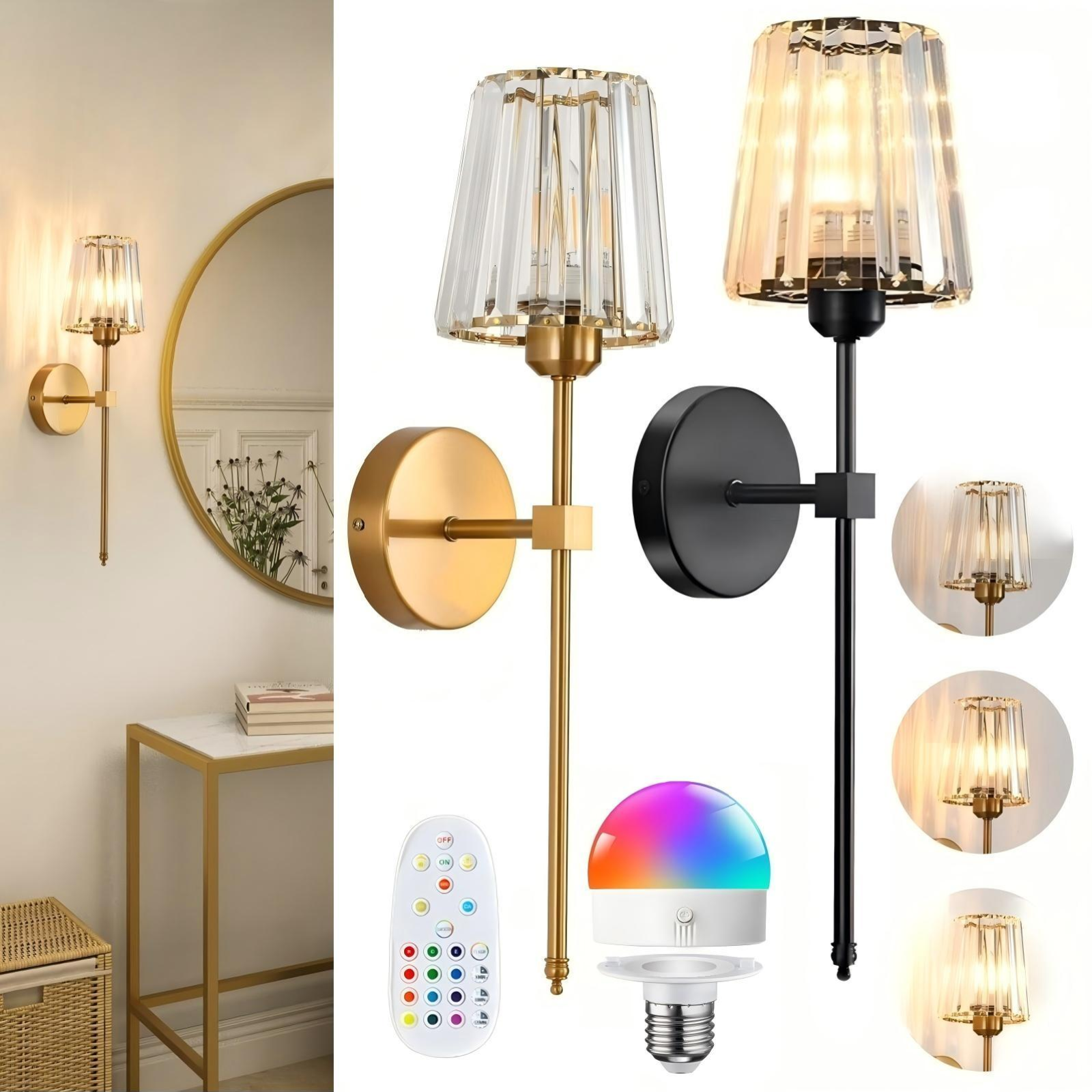 Decorative wall sconces with a smart light bulb and remote control on a white background.